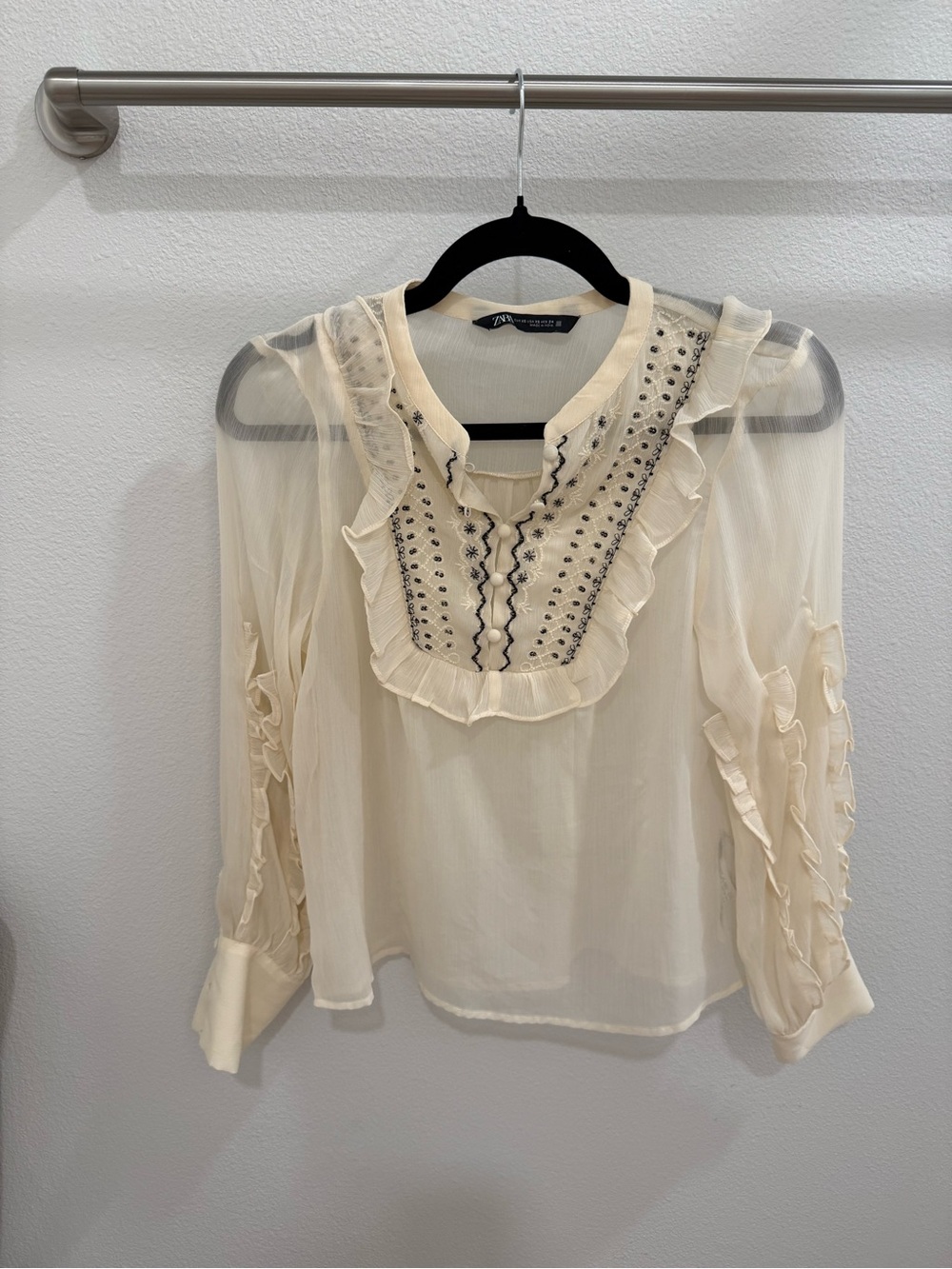 Zara Cream Sheer Ruffle Blouse with Embroidered Bib